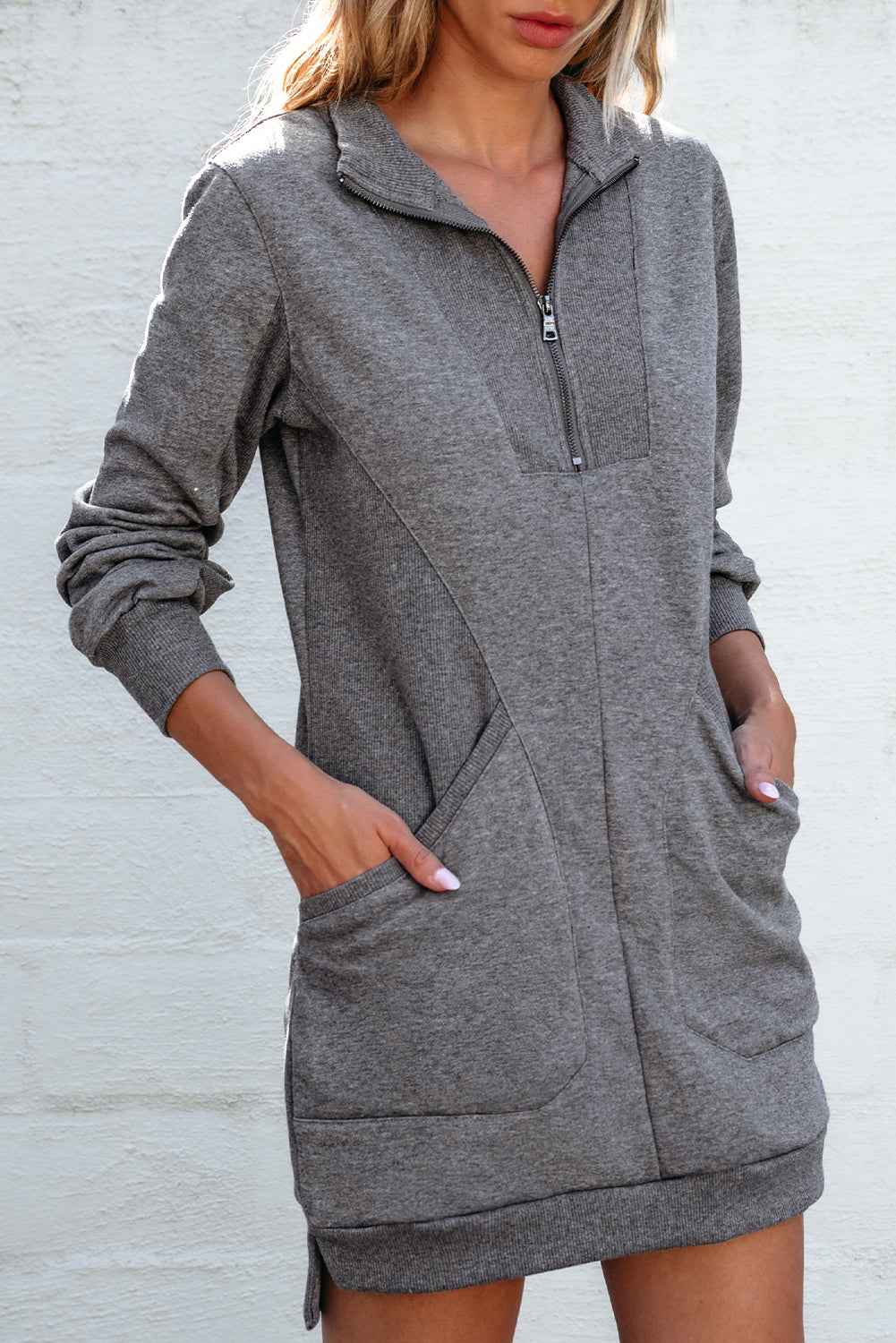 Ivy Zip up Collared Ribbed Patchwork Sweatshirt Dress with Pockets 0120dce761370409