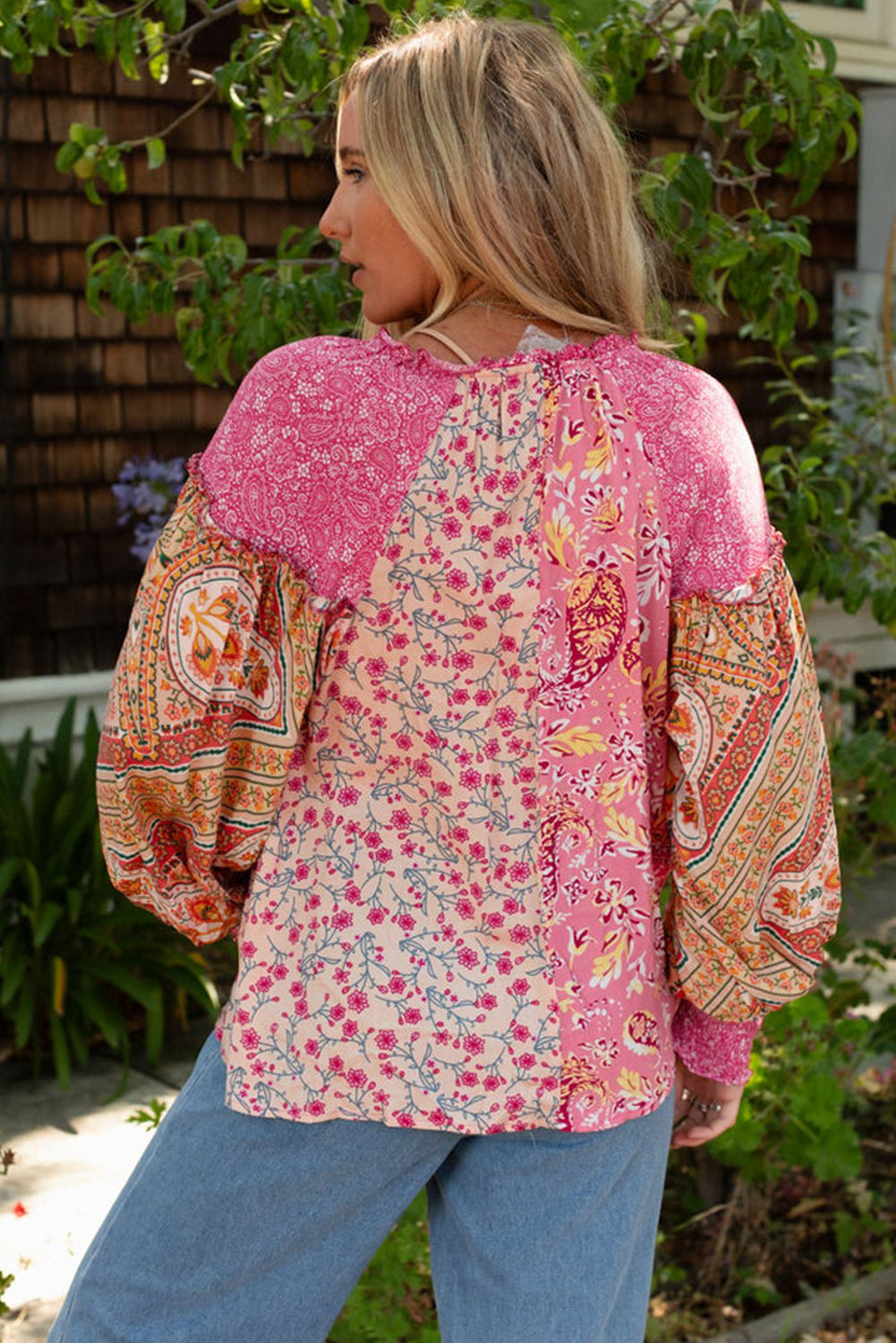 Pink Mixed Floral Printed Lantern Sleeve V-Neck Blouse 0123e136f915f857