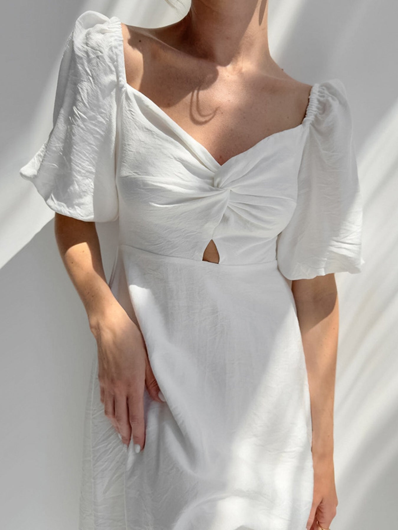 Twisted Front Puff Sleeve Midi Dress 012686fbf80f474d8abbd8ceef0a1c42-Max