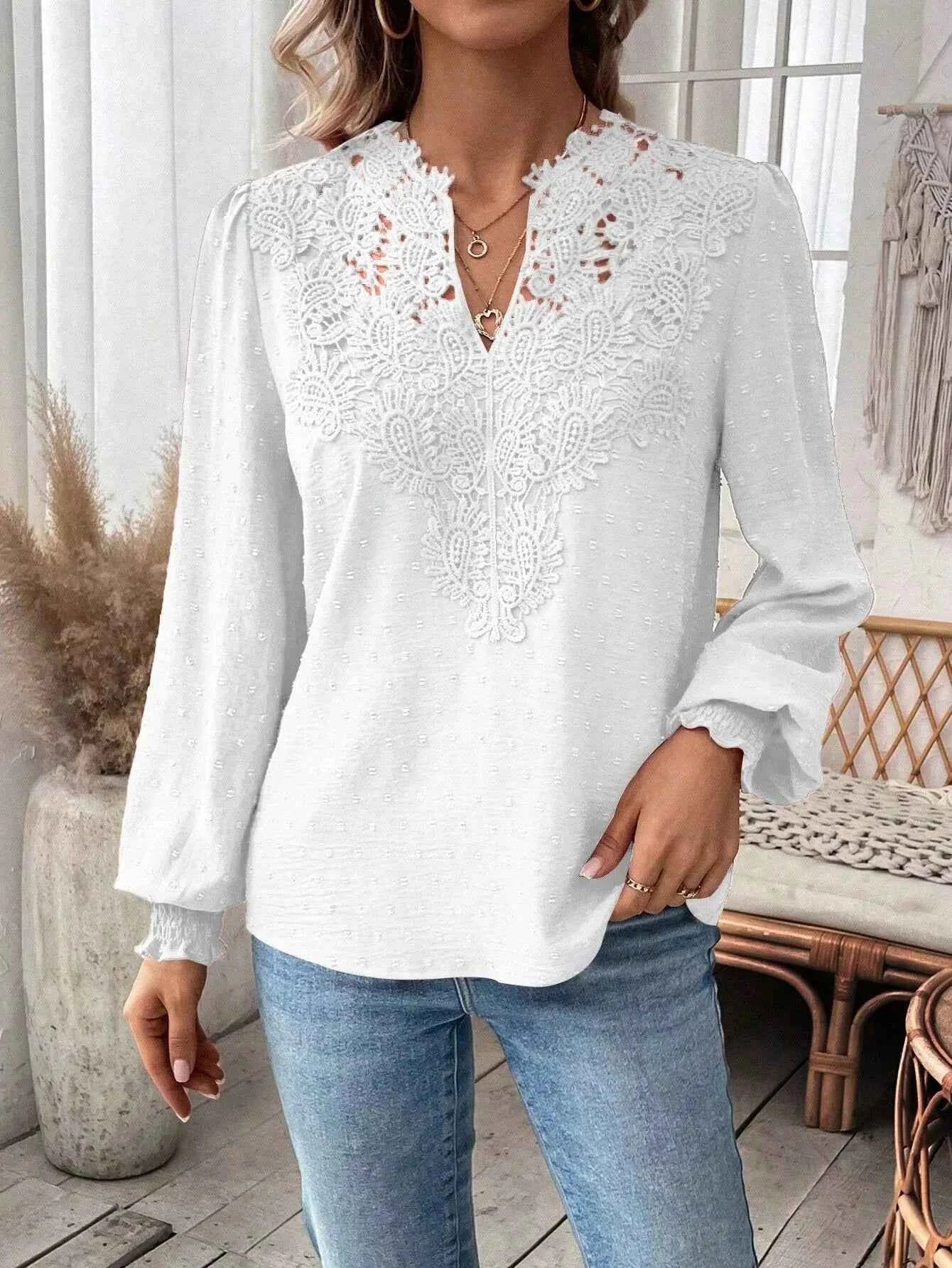Swiss Dot Lace Detail Long Sleeve Blouse 01280a64-ffa7-47c4-8690-3b40e99d9cb3-Max-Origin