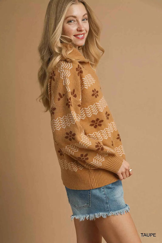 Floral Patterned Jacquard Quarter-Zip Pullover Sweater 01286337-f93f-42eb-939e-14ccbfc4a0f2-Max-Origin