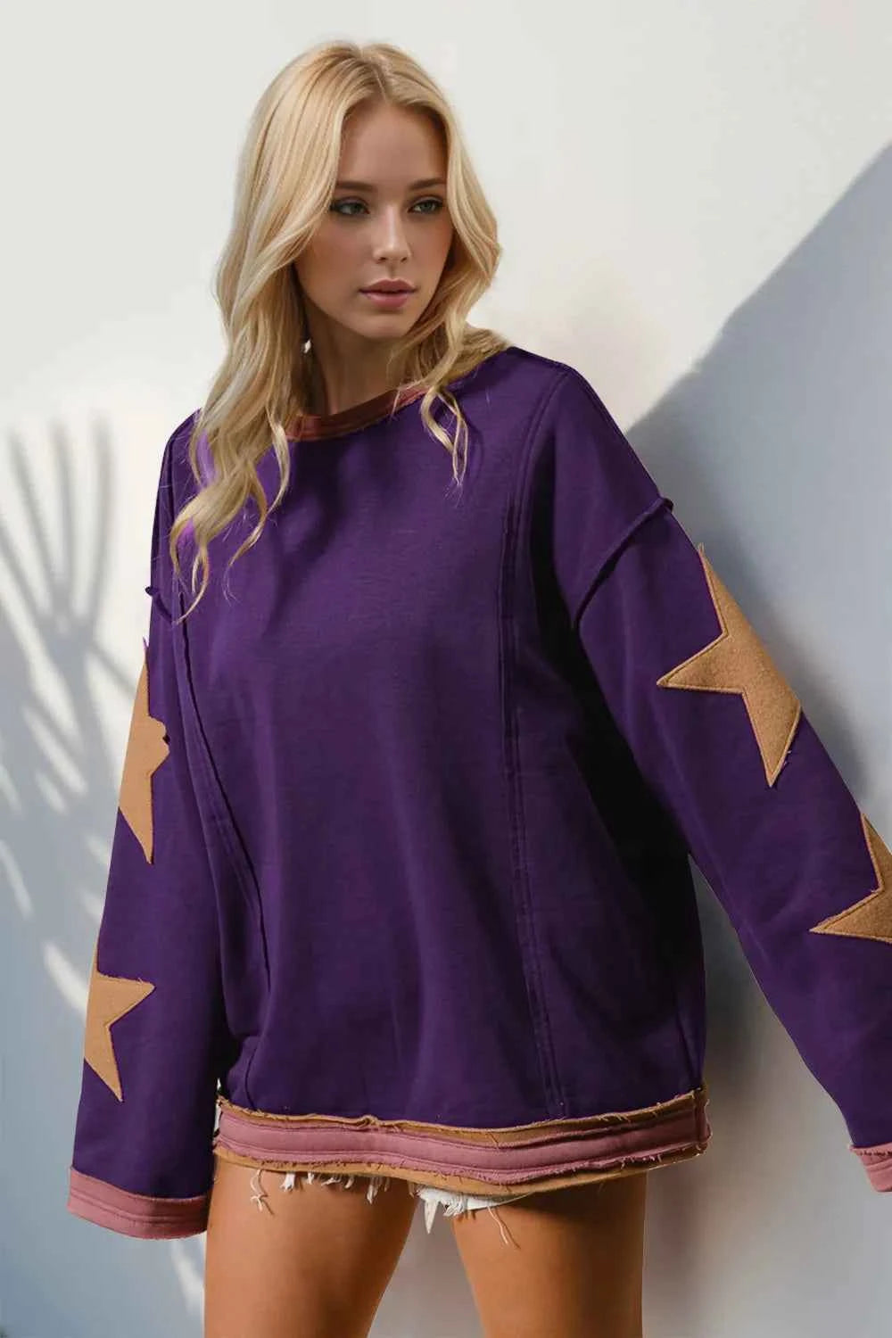 Double Take Star Patched Long Sleeve Sweatshirt Purple 012ad615-8dec-4937-a044-e8e236fb9ac4-Max