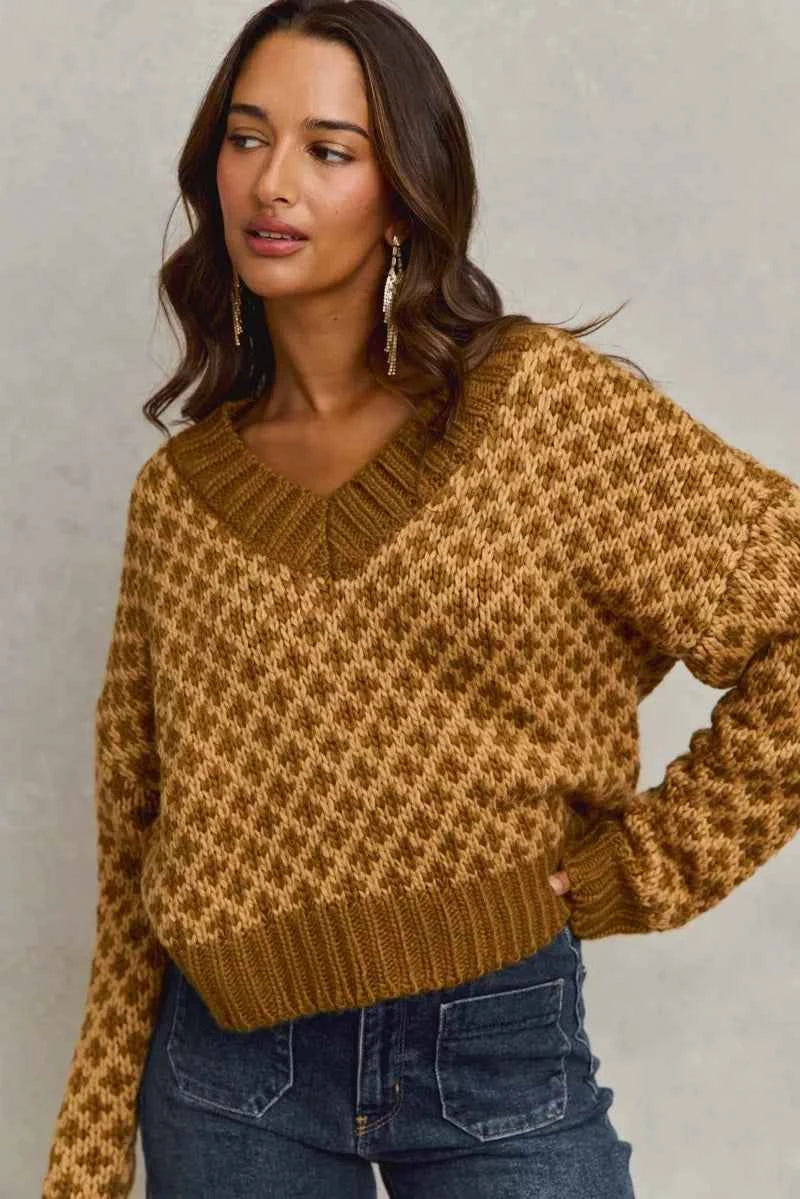 SO ME Color Block Textured Christmas Sweater V Neck Top 012c8e41367843099620dd975c1182df-Max-Origin