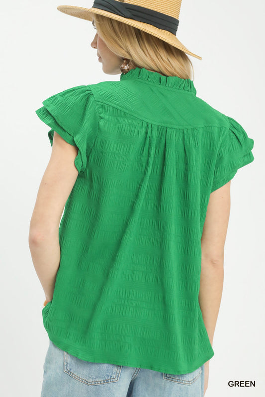 Textured Flutter Sleeve Split Neck Top 012e1caf-95f8-4a3d-acf7-4abd73765925-Max