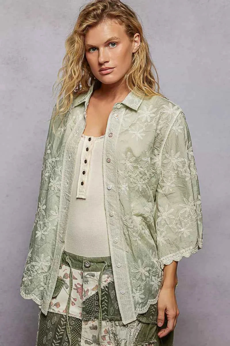 POL Embroidered Floral Collared Neck Shirt with Scalloped Edges SAGE One Size 012f298d-da6c-4ed1-bbba-2607503cf9b6-Max-Origin