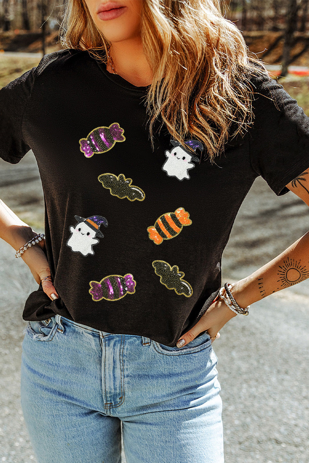Black Halloween Spirit Pattern Sequins Patch Custom Casual Tee 012ff75fa27769fa