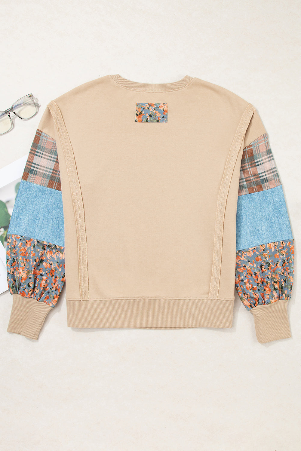 Smoke Gray Plaid Patchwork Sleeve Raw Seam Sweatshirt 0130524e68300588