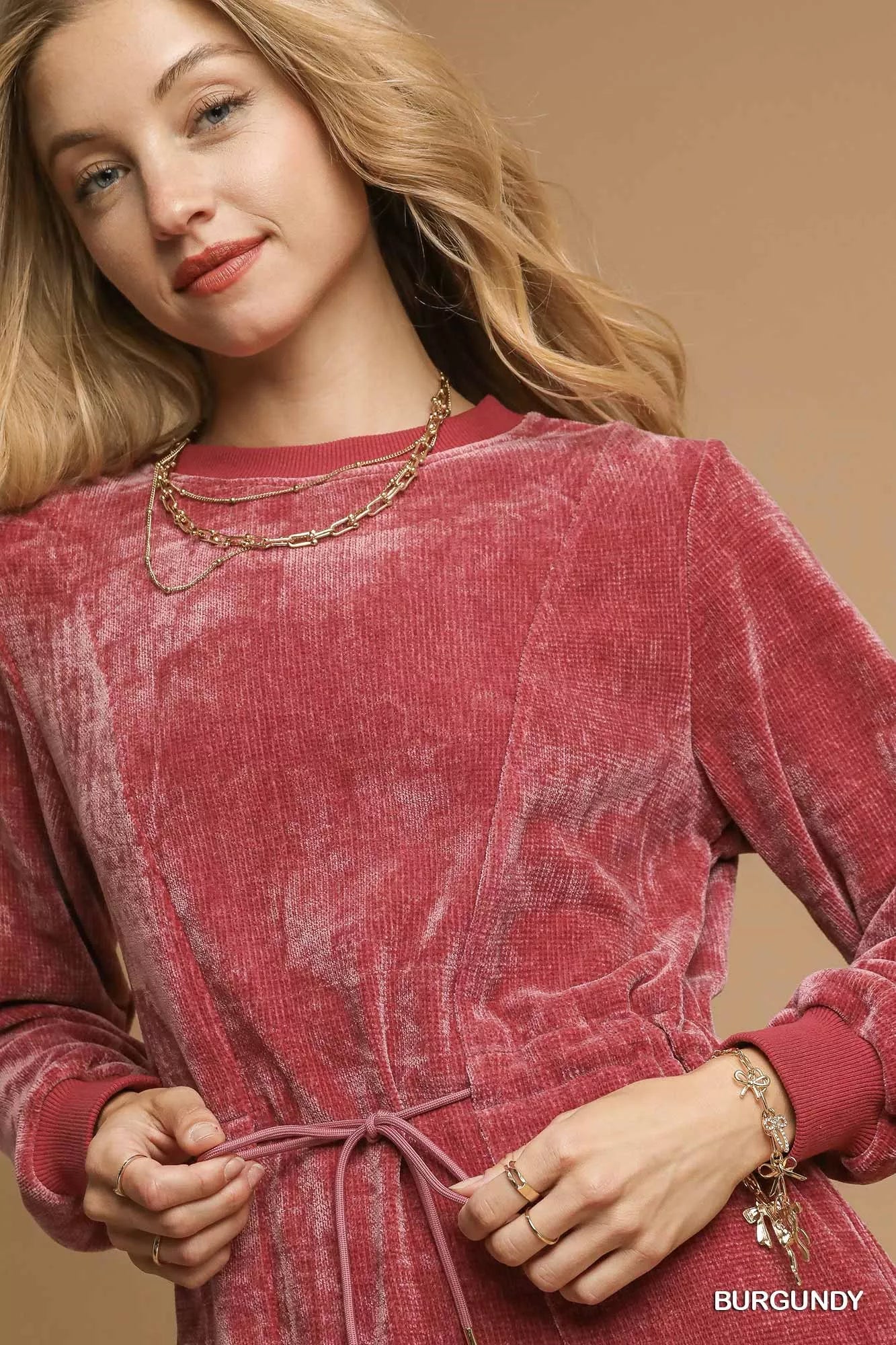 Velour Drawstring Mini Dress with Long Sleeves 0132fa96-21cf-474a-a74d-37d548165cef-Max-Origin