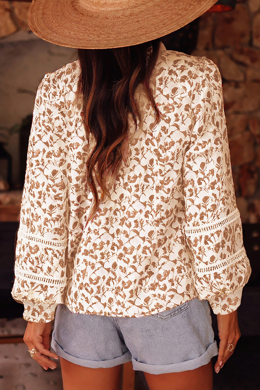 Blue Floral Print Lace Detail Puff Sleeve Shirt 0133dc99727e3f13