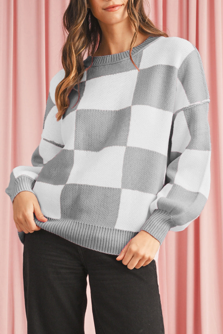 Orange & White Plaid Exposed Seam Bishop Sleeve Sweater 100%Acrylic 01345ebe4884dde0