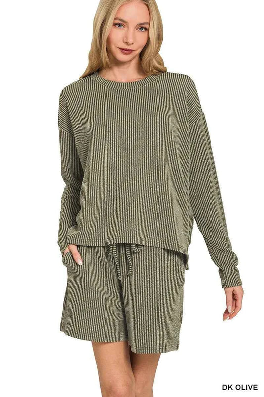 Zenana Corded Rib Long Sleeve Tee and Shorts Set DK OLIVE 013a6a58d9d6435fa86a50eb5c62c904-Max-Origin