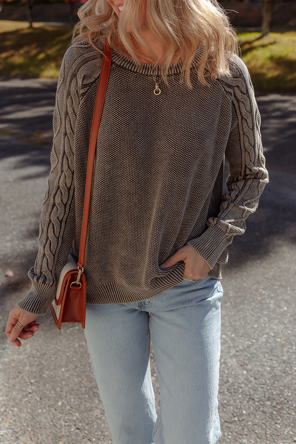 Dark Brown Cable Knit Raglan Sleeve Casual Sweater 013ec90f9e00ef5e