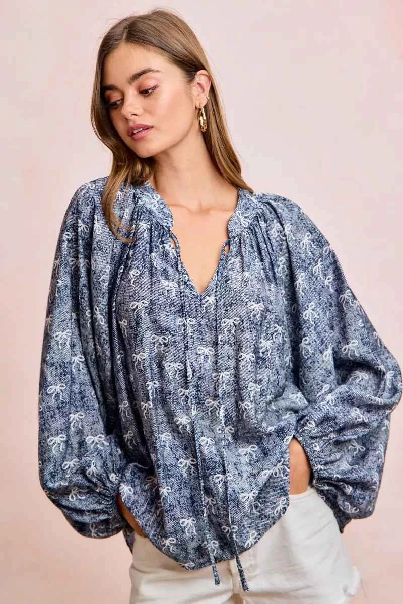 BiBi Ribbon Bow Print Exaggerated Balloon Sleeves Top 013fc59a1a0a418499915e070d36b269-Max-Origin