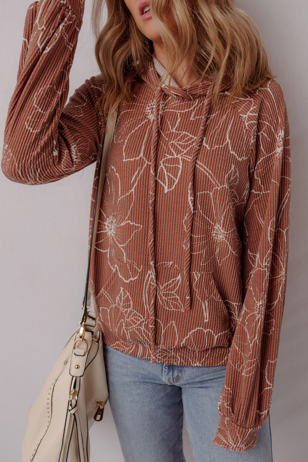 Brown Floral Twisted Rib Drawstring Kangaroo Pocket Hooded Top 0143314c7edfcb73