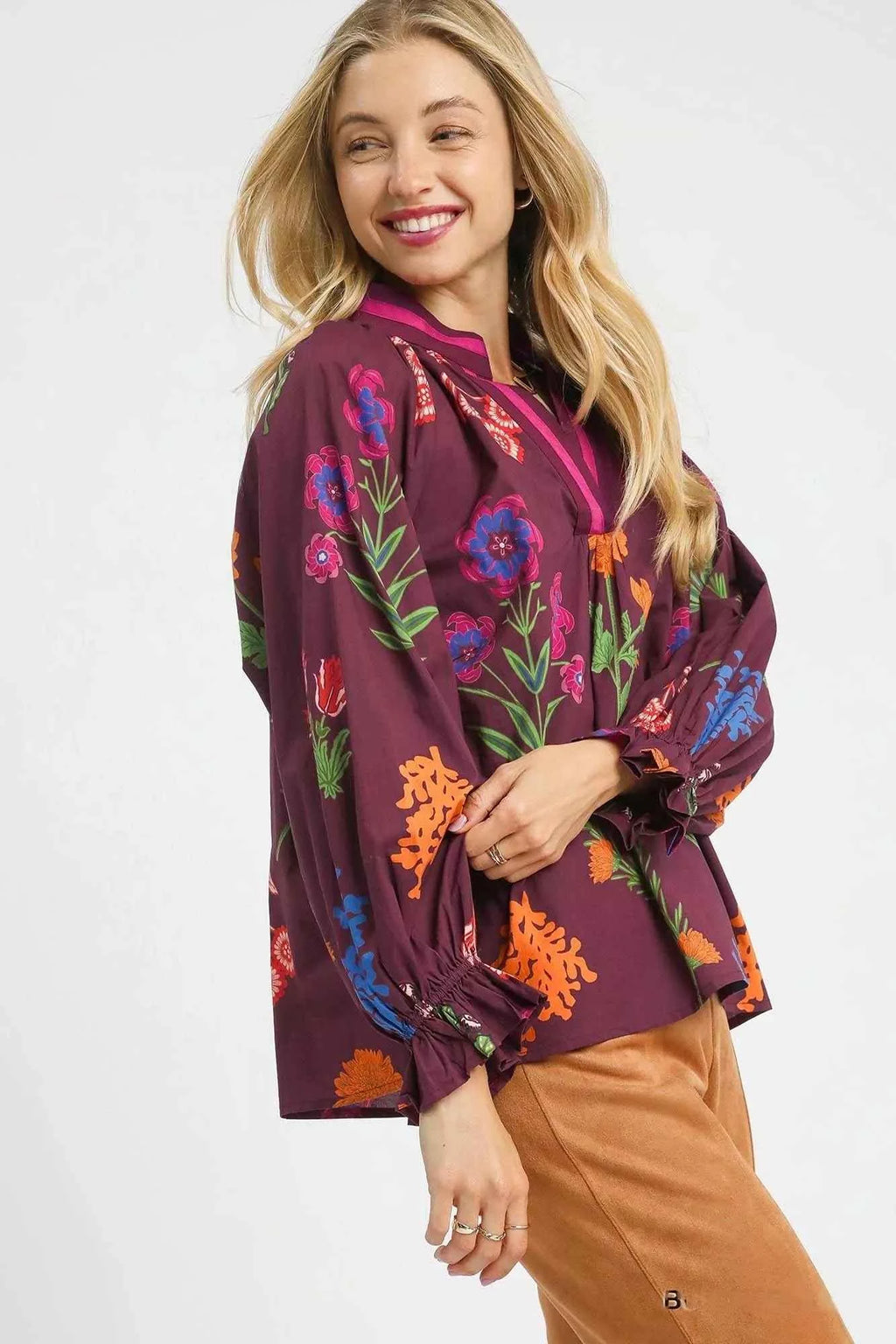 Umgee Floral Print Flounce Sleeve Blouse 01498ddd-850a-41ab-9089-e2e66529c55c-Max-Origin