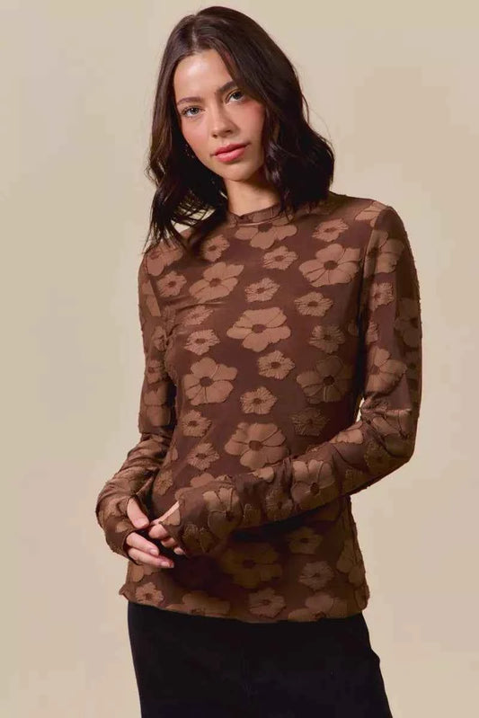 SO ME Stretched Jacquard Casual Tops with Thumb Opening BROWN 014c16a331e24a83907e7218c91d896b-Max-Origin