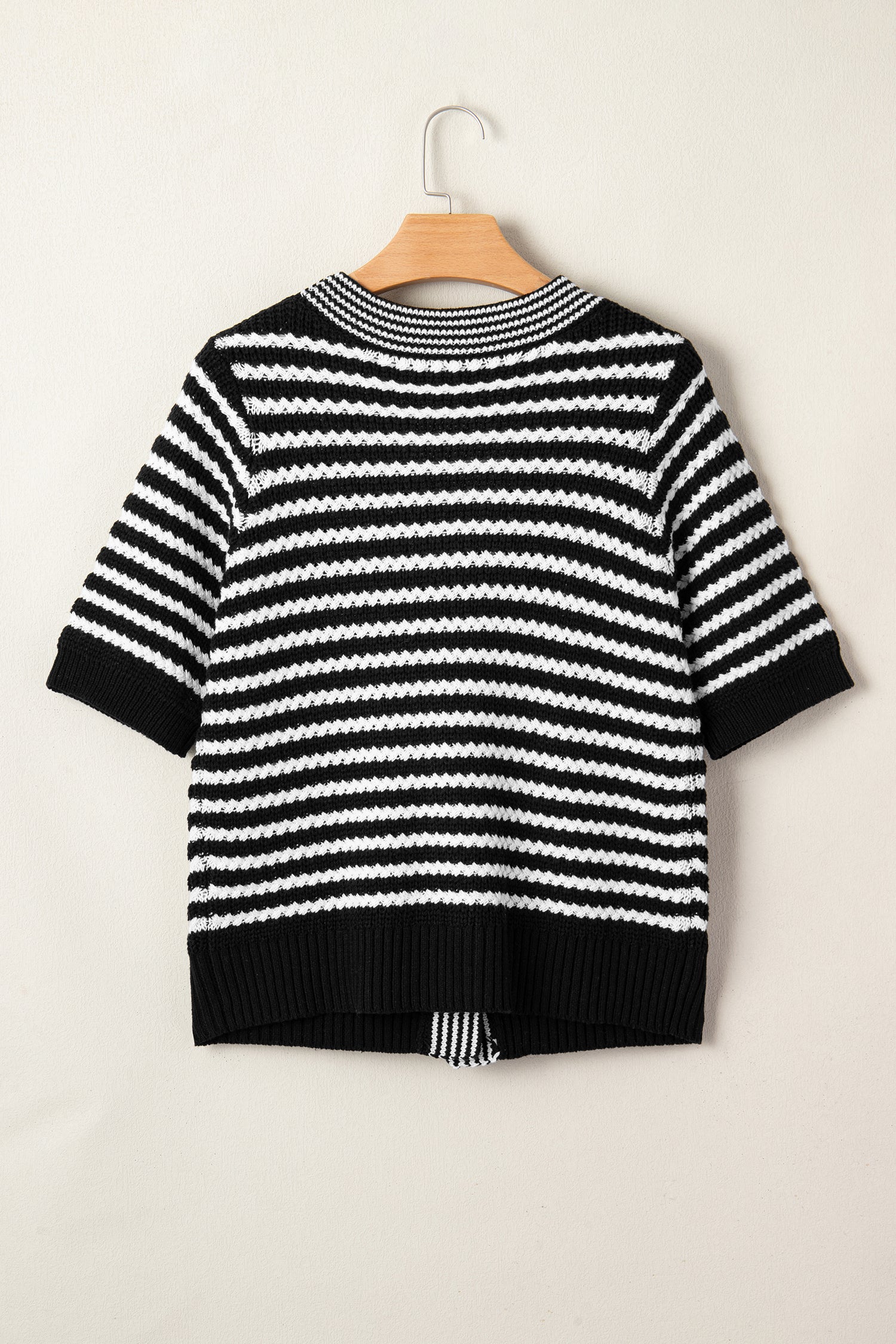 Green Stripe Short Sleeve Knit V Neck Bow Knot Sweater 015199f28d42b17f
