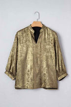 Metallic Split Neck 3/4 Sleeve Blouse Gold 0152d37a-ee58-47ef-8ac4-228bc0e26a97