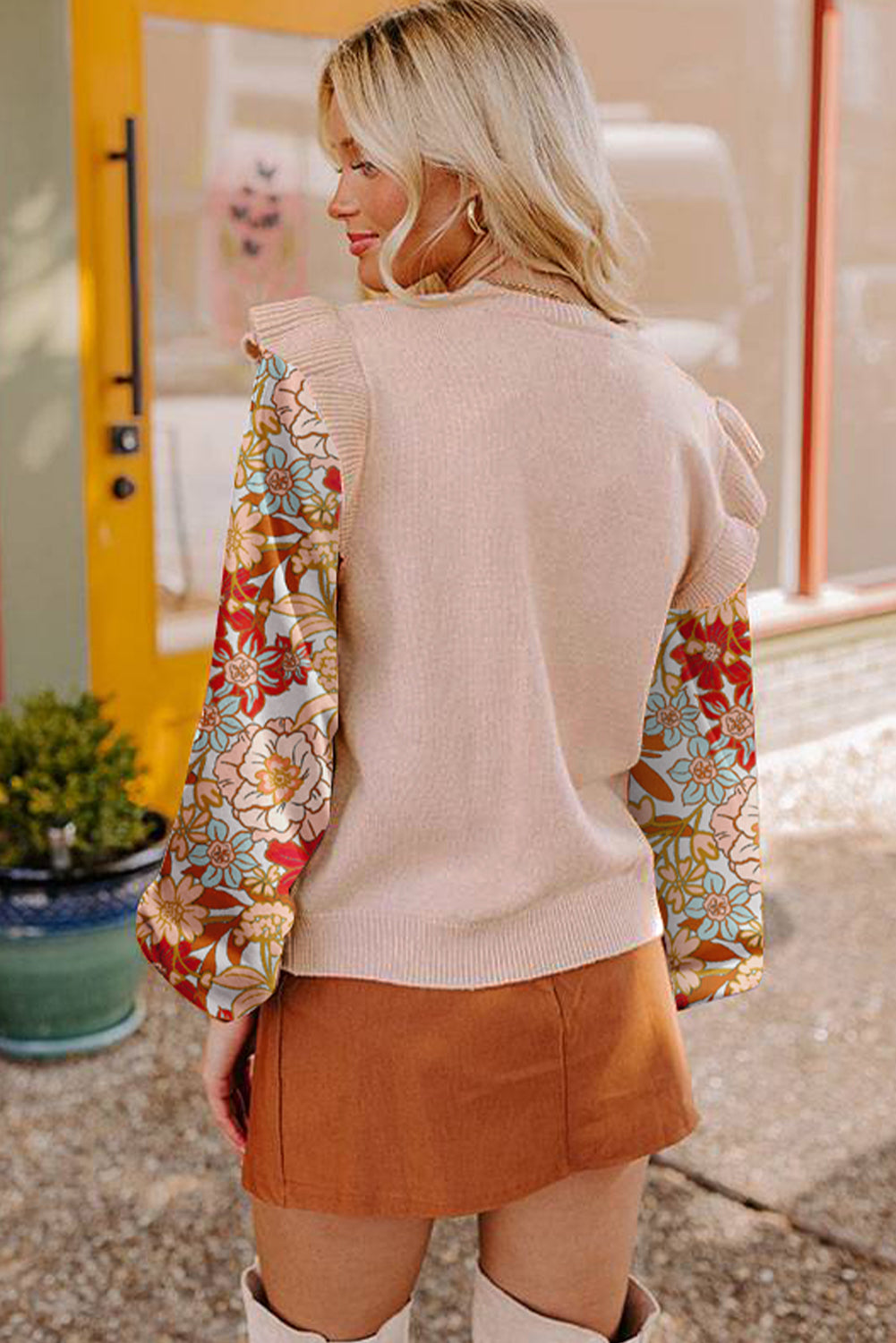 Parchment Cable Knit Ruffle Detail Contrast Floral Sleeve Patchwork Sweater 01589477a69f1373