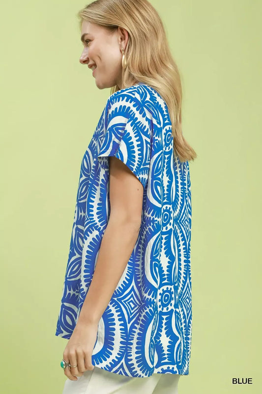 Geometric Print V-Neck Short Sleeve Top 0159f342-20eb-4609-b0de-7ede5ba9b647-Max-Origin