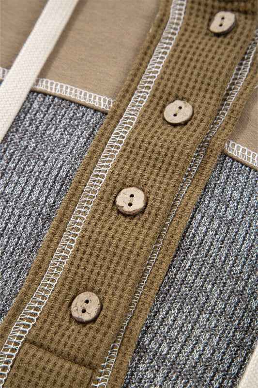 Waffle Knit Patchwork Buttoned Hooded Sweatshirt 015b1522-4374-485a-b48e-be00fbc3093d