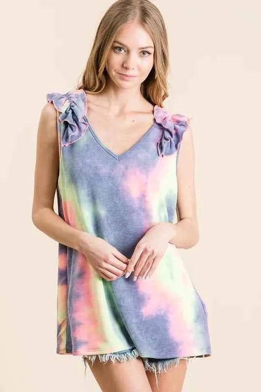 Tie Dye French Terry V Neck Top with Ruffle 015f4ffd05e846f49521829f7cd7714f-Max-Origin