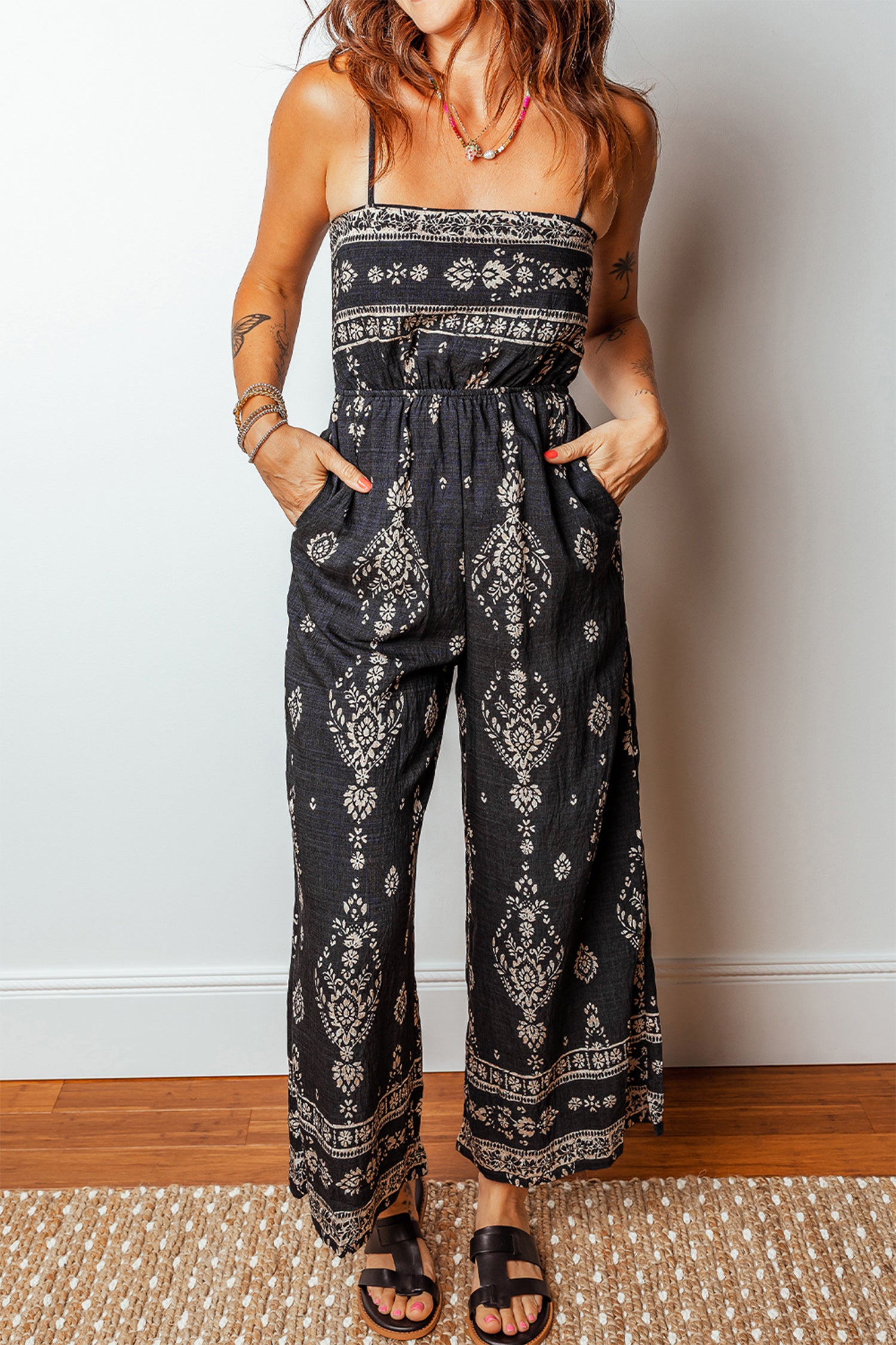 Black Spaghetti Straps Elastic Waist Loose Ethnic Print Jumpsuit 016abe0fac5de857