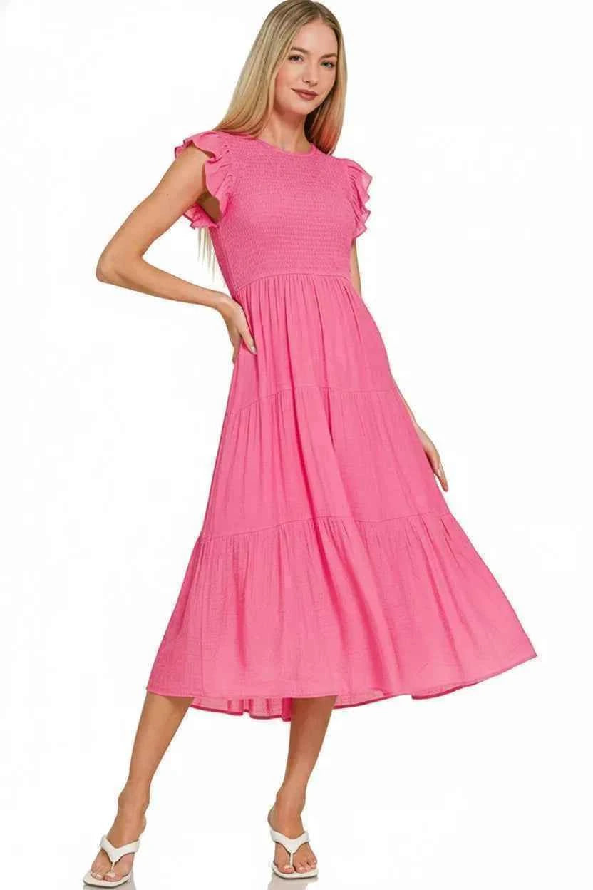 Zenana Woven Smocked Ruffle Sleeve Midi Dress 016c3424-644b-400f-8ec4-dd0c4c65a43e-Max-Origin