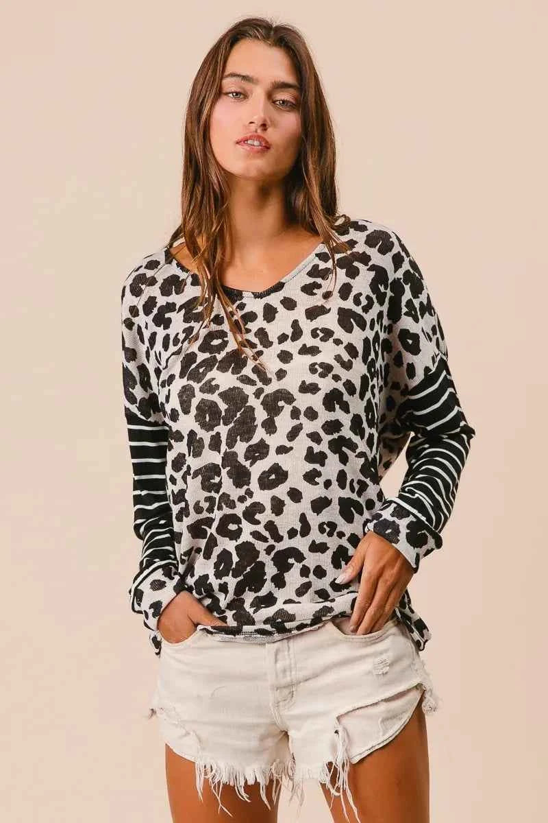 BiBi Leopard Hacci Knit Twist Back Top With Stripe Sleeve 017326751031438786eb83ebce80633d-Max-Origin