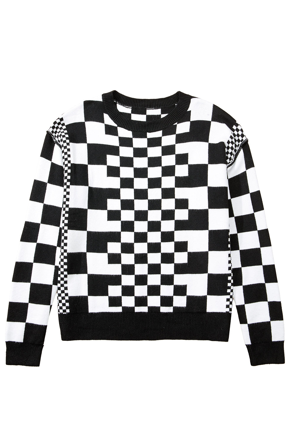 Black Checkered Drop Shoulder Round Neck Sweater Black 50%Viscose+28%Polyester+22%Polyamide 0176b849e1c3d91e