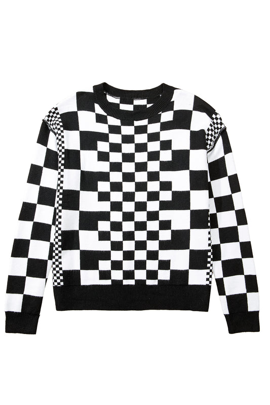 Black Checkered Drop Shoulder Round Neck Sweater 0176b849e1c3d91e