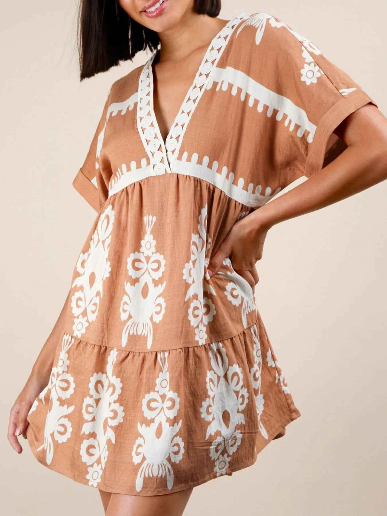 Printed V-Neck Short Sleeve Mini Dress Camel 0176e026-6b01-41a0-babd-9c3ac9009f2c-Max-Origin