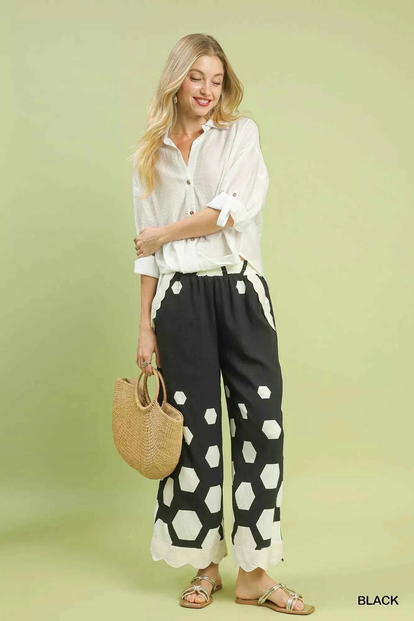 Umgee Hexagon Print Wide Leg Pants with Scalloped Hem 0179719e-0f42-42af-b0c3-cf6252acc0cd-Max-Origin