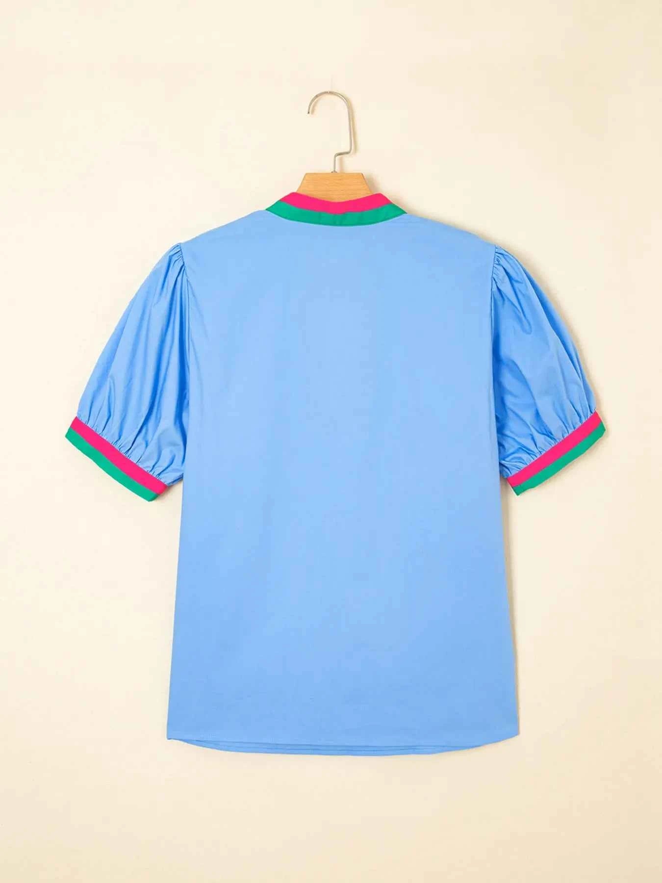 Contrast Trim Notched Short Sleeve Blouse 01834a36ac034e20b5dc09b2f2afbfb1-Max-Origin