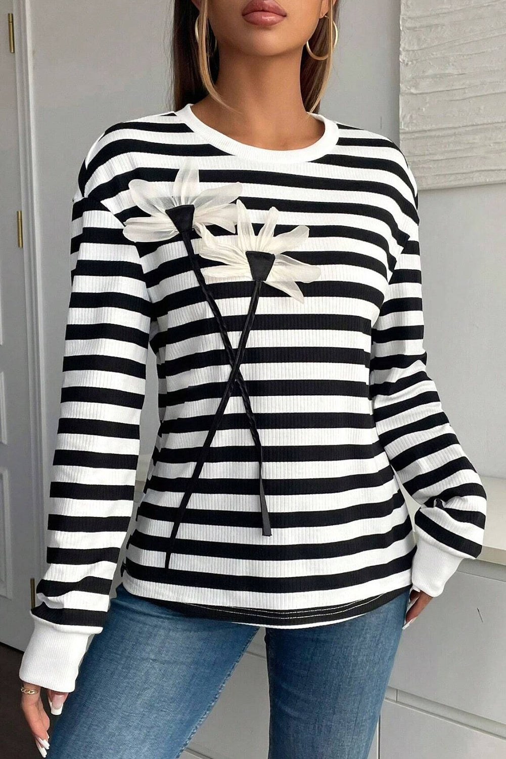 Black White Ribbed Striped Floral Applique Long Sleeve Top 018785bc1ad9c3be