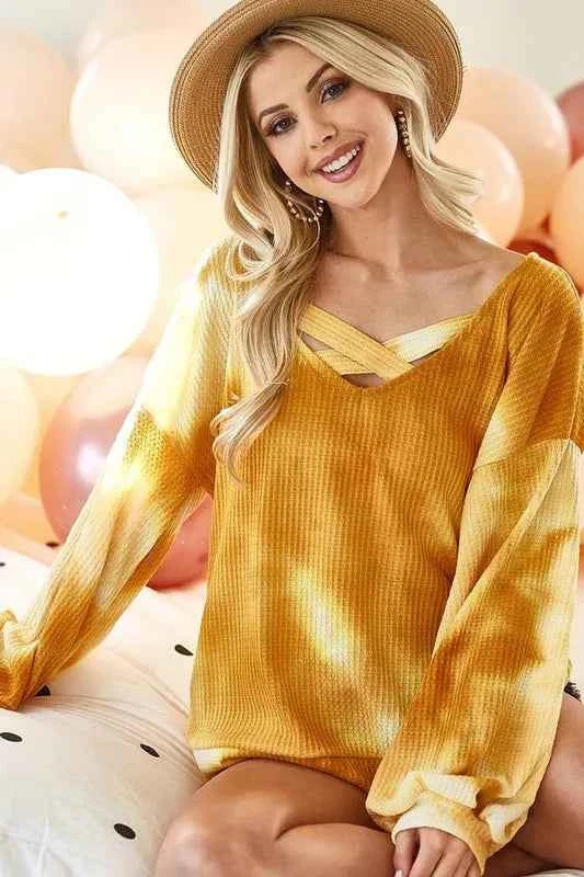 BiBi Tie Dye Thermal Waffle V Neck Top With Caged Neck 0189838fee124ad0ba68f1278a74a65f-Max-Origin