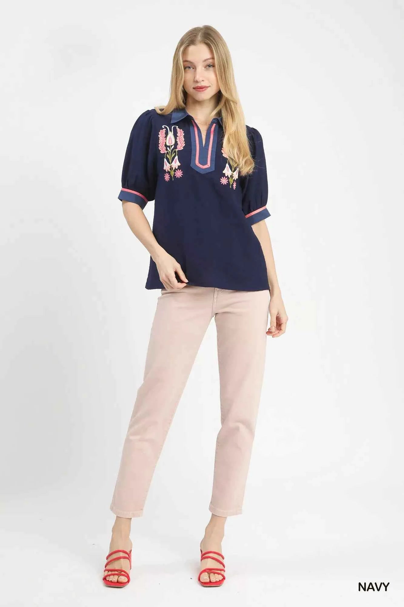 Umgee Embroidered Puff Sleeve Contrast Trim Top 01931265-74d0-468f-99ab-2b0b3e949740-Max-Origin