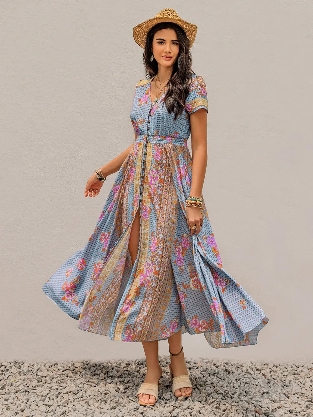 Smocked Floral V-Neck Short Sleeve Midi Dress Light Blue 019901af-bd9e-4ba1-8885-d522369ebc55-Max
