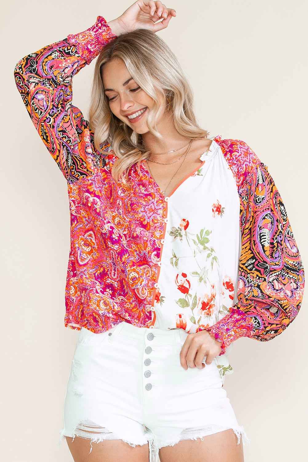 Multicolor Floral Patchwork Shirred Cuff Buttoned V Neck Blouse 01a01dc0e24ea74a