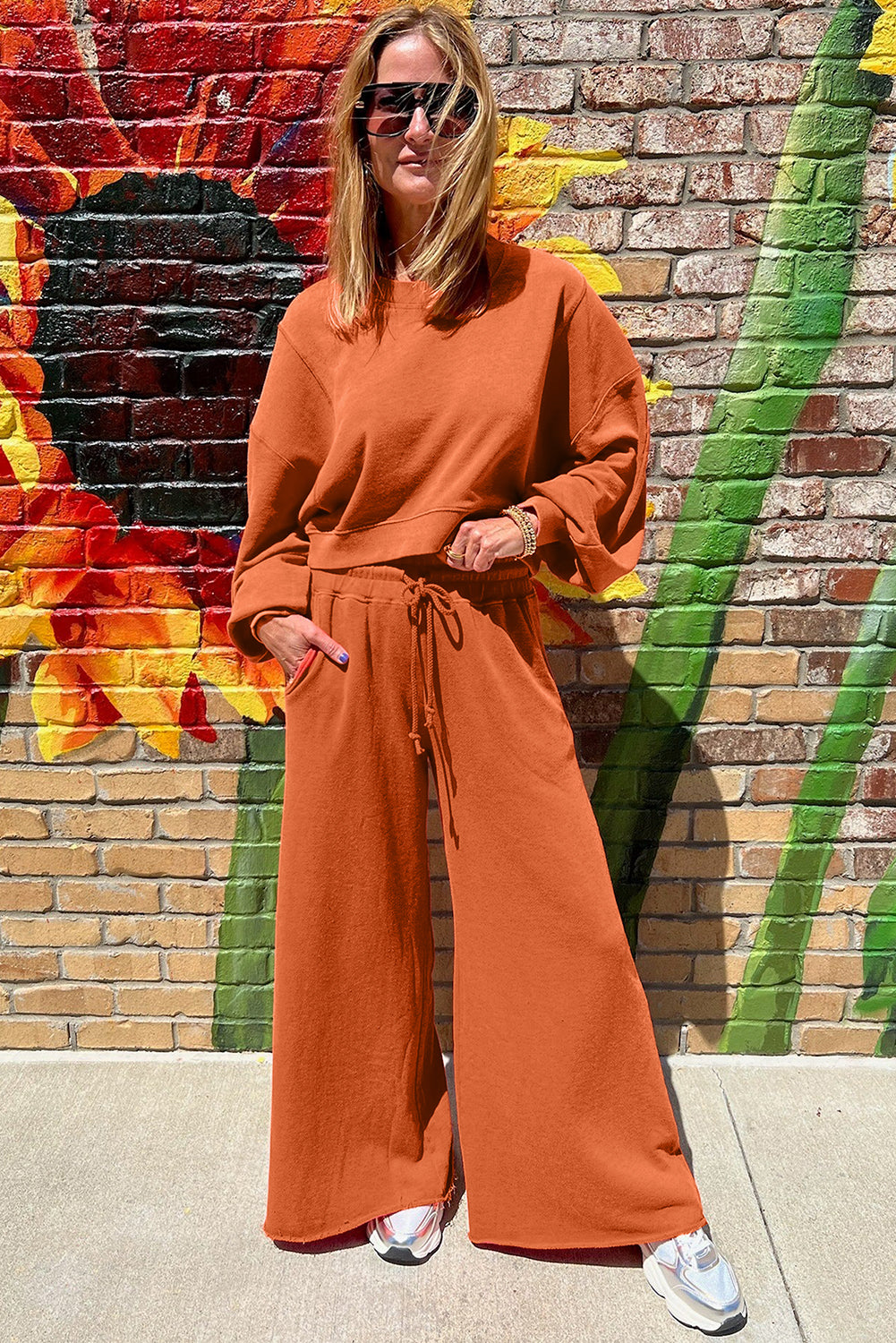 Flamingo Drop Shoulder Crop Pullover Drawstring Wide Leg Pants Set 01a99079b8cd255e