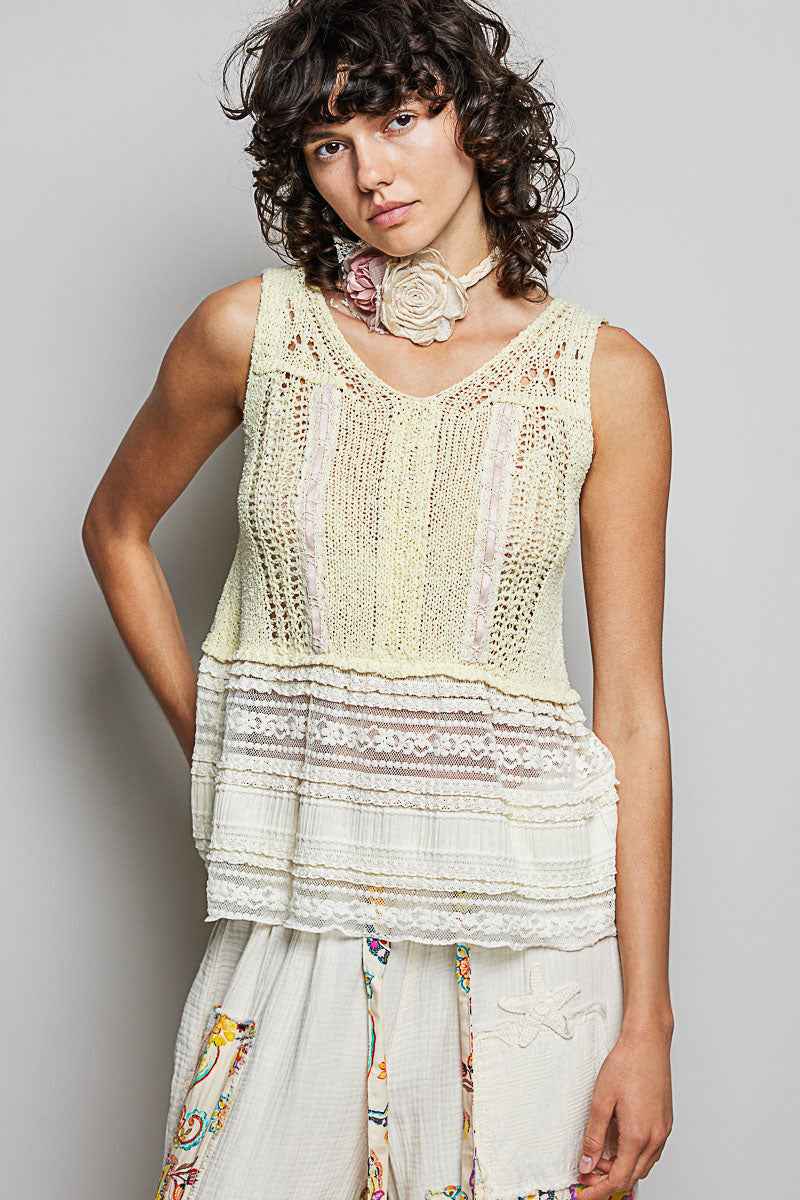 POL V-Neck Crochet Sweater Vest with Lace Trim 01adb0f9-665c-497e-a31a-afdba568f5ea-Max