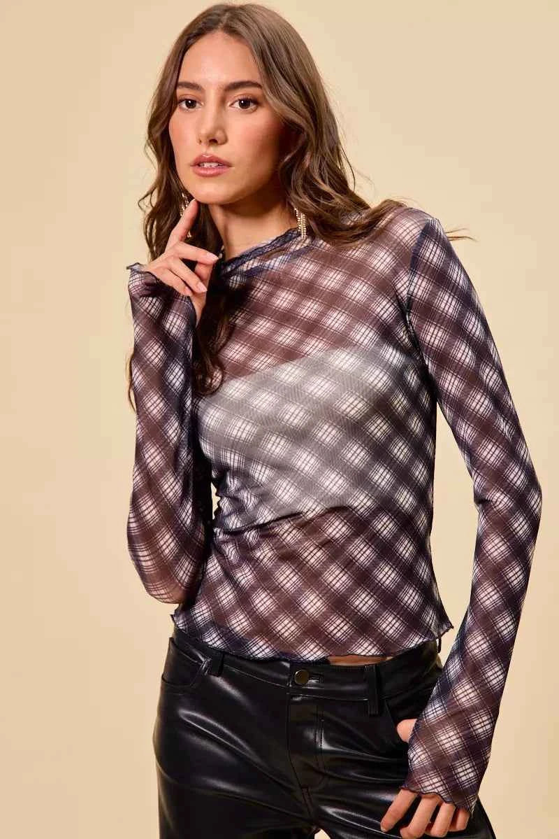 Plaid Mesh Knit Long Sleeve Top with Thumb Opening BLACK 01ae7fdc7a6342f0b5b2a0b3502ecfdc-Max-Origin