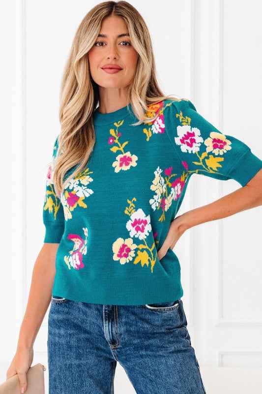 Floral Knit Crewneck Short Sleeve Top Blue 01af9d63-db1f-474b-bc77-5410f8475e8c