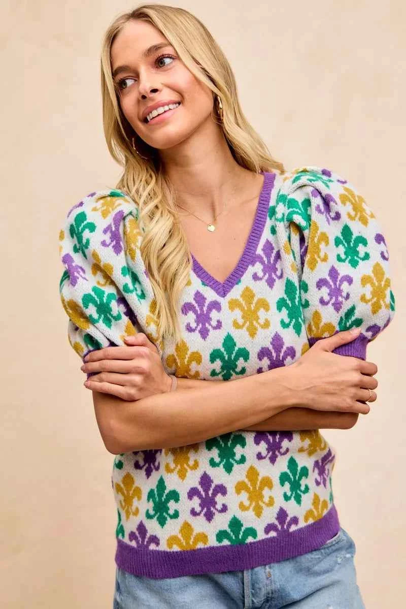 BiBi Mardi Gras Fleur De Lis Patterned V Neck Knit Top 01b2bc6872d142a89f5095314bbb47de-Max-Origin