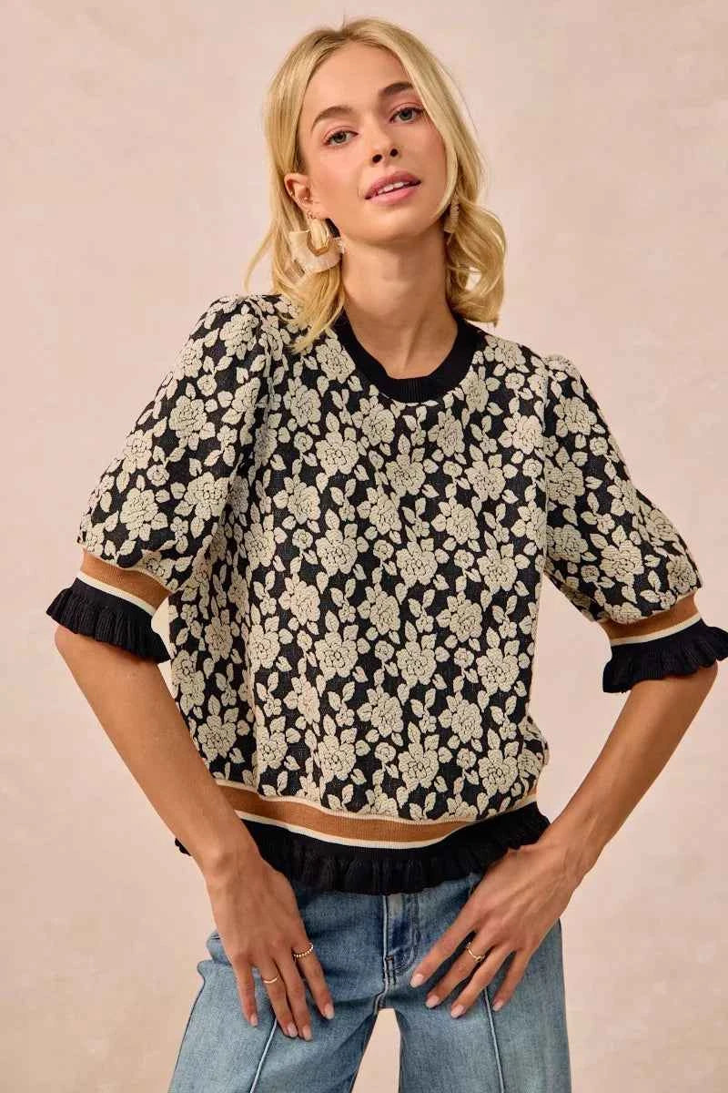 BiBi Textured Rose Knit Top Contrast Banded Puff Sleeve BLACK LTGREY 01b44f7b-296f-4a67-bbb0-55d077c82ccd-Max-Origin