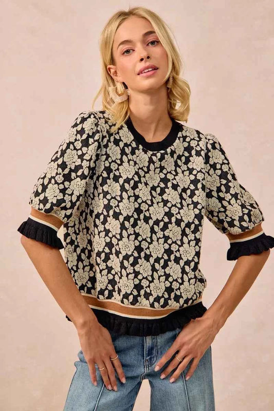 BiBi Textured Rose Knit Top Contrast Banded Puff Sleeve BLACK LTGREY 01b44f7b-296f-4a67-bbb0-55d077c82ccd-Max-Origin