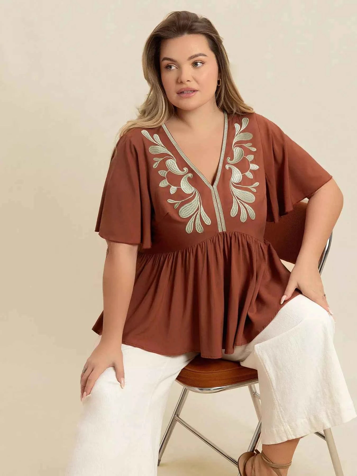 Plus Size Embroidered V-Neck Flutter Sleeve Blouse 01c1f600-35d7-4492-b6c8-310e15a285d0-Max-Origin