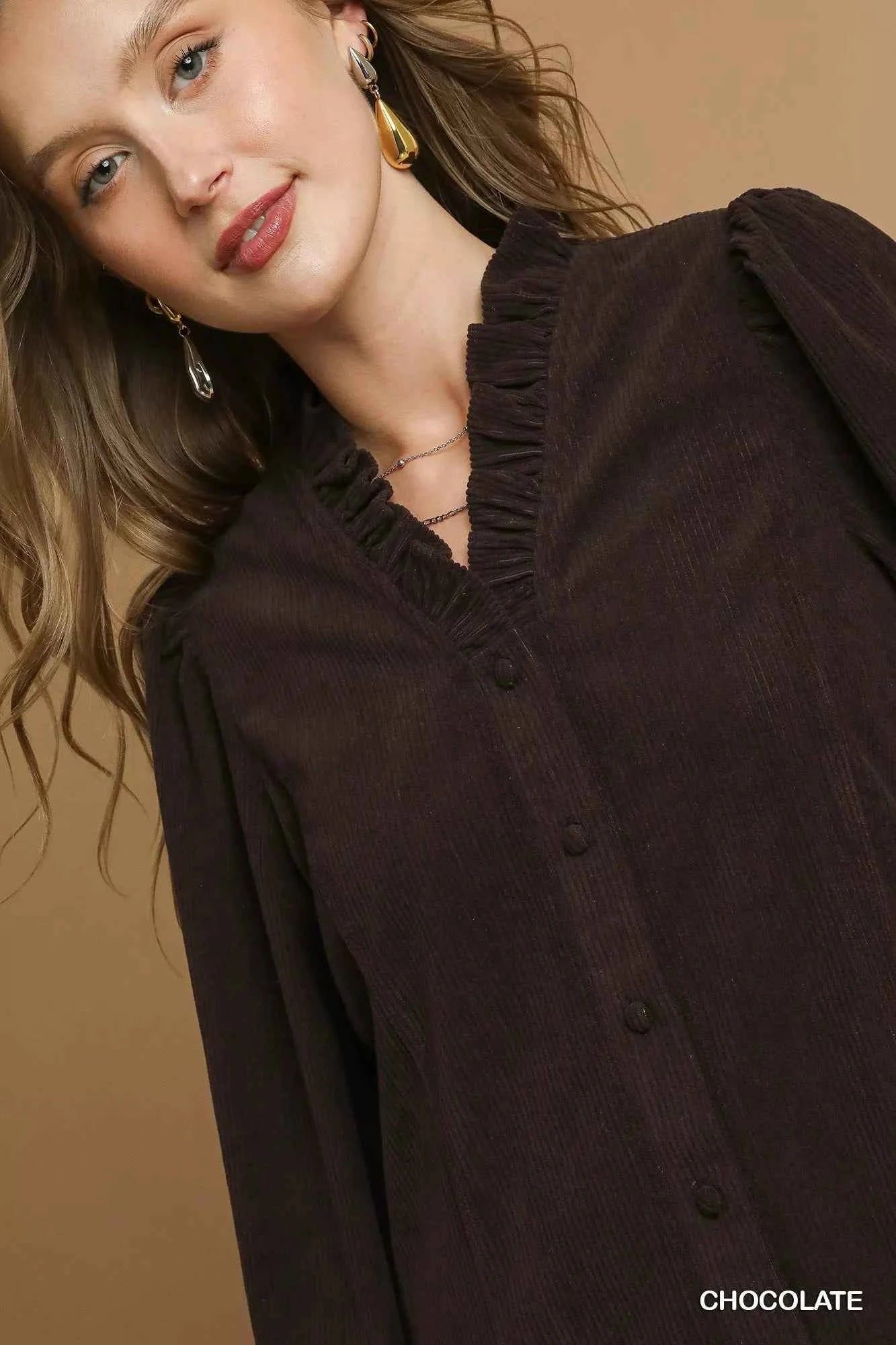Umgee Corduroy Ruffle Shirt with Long Puff Sleeves 01c1fafd-0228-4a0d-958c-c38bbb13fa30-Max-Origin