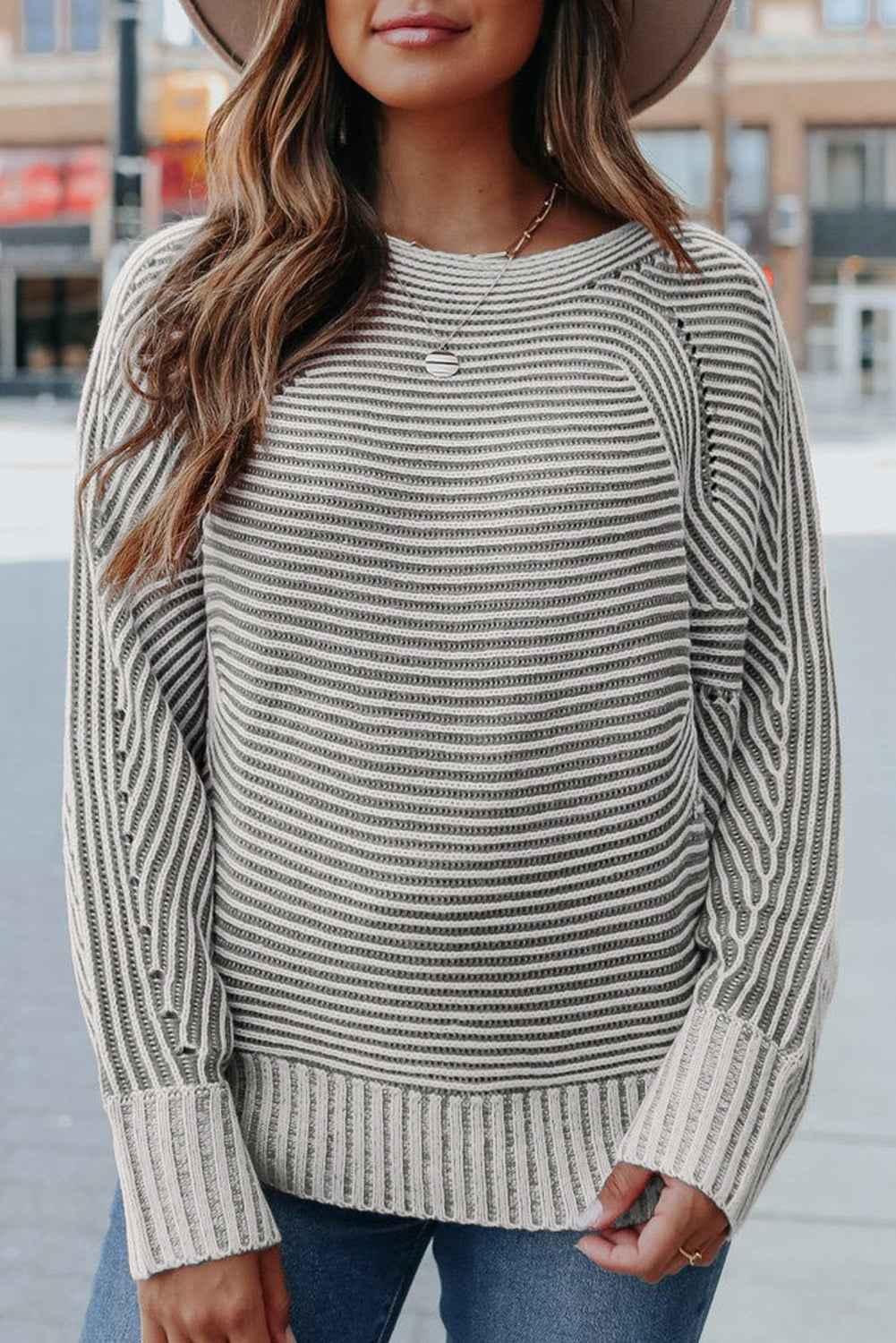 Light French Beige Striped Print Ribbed Knit Raglan Sleeve Baggy Sweater Medium Grey 60%Acrylic+40%Polyamide 01c3963e2496ae48