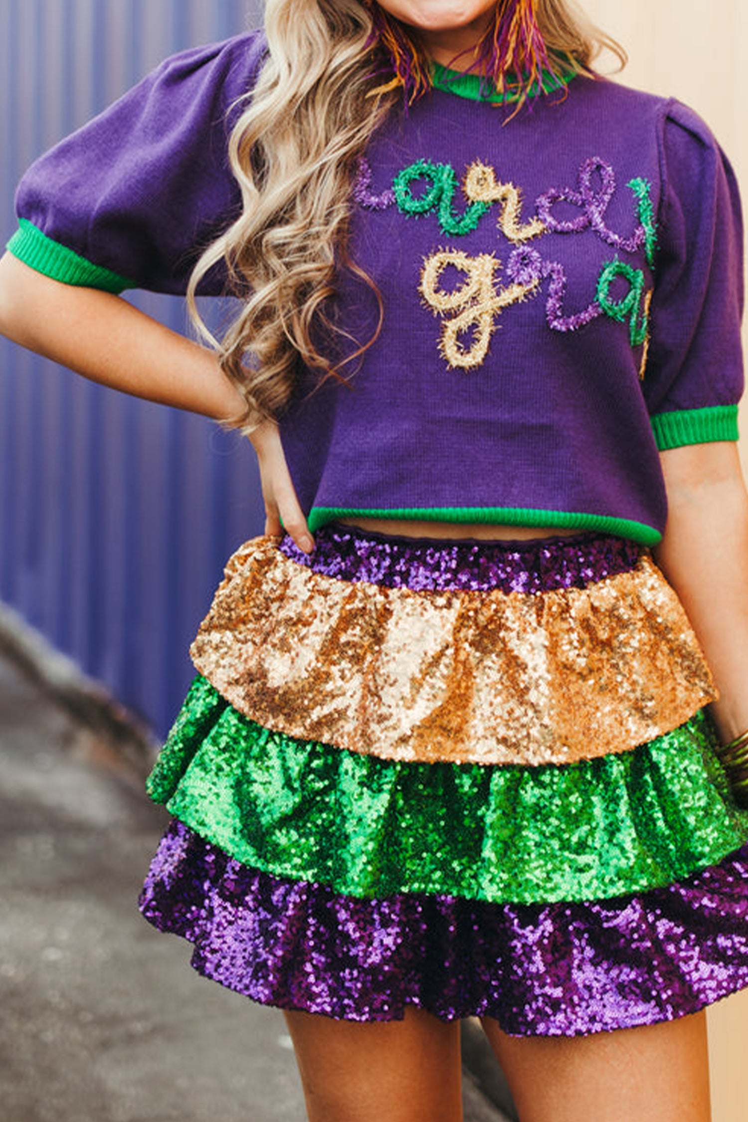 Tillandsia Purple Mardi Gras Tinsel Graphic Short Sleeve Sweater 01c557412e409438